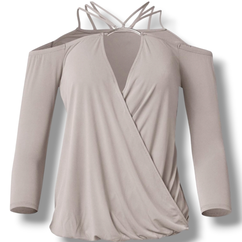 Venus Neutral Cold Shoulder Soft Stretchy Cutout Going Out Top Chic & Versatile